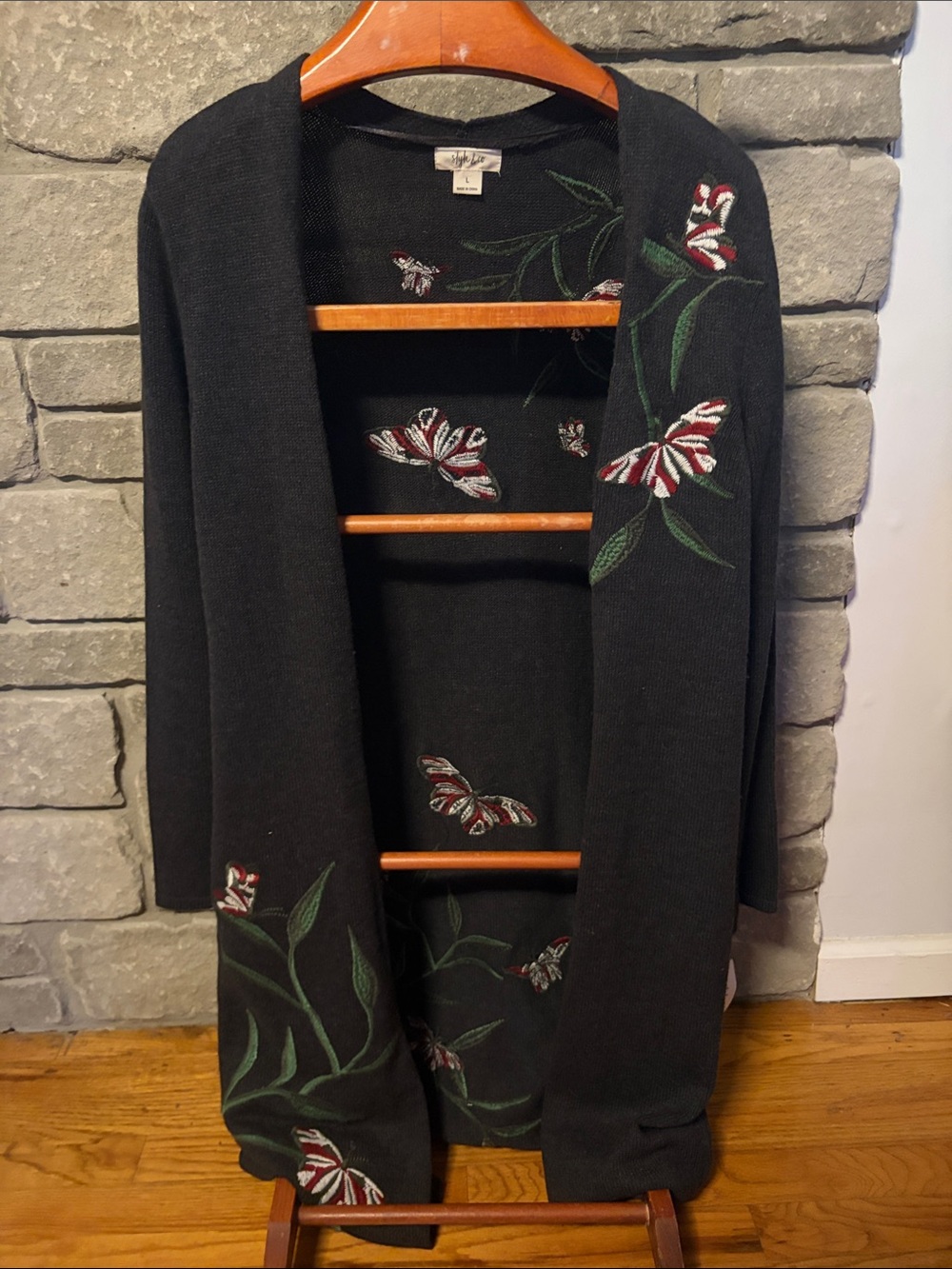 Style & Co. Grey Open-Front Cardigan with Pink & White Butterfly Embroidery NWT